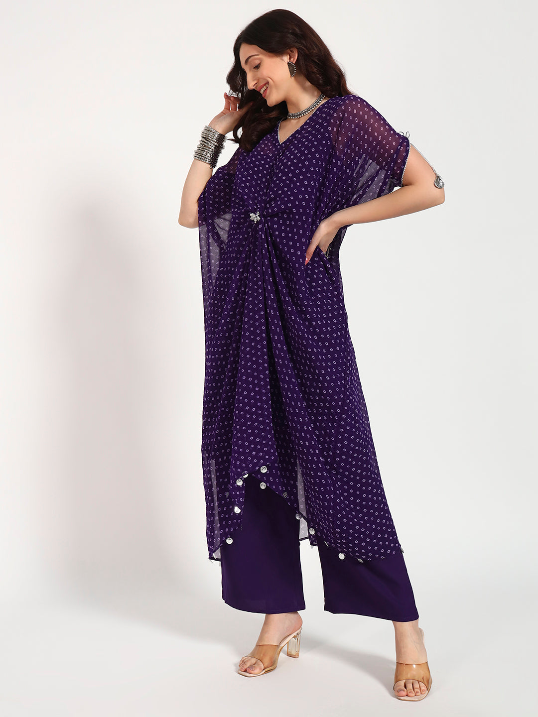 Purple Bandhani Georgette Drape Kaftan Set