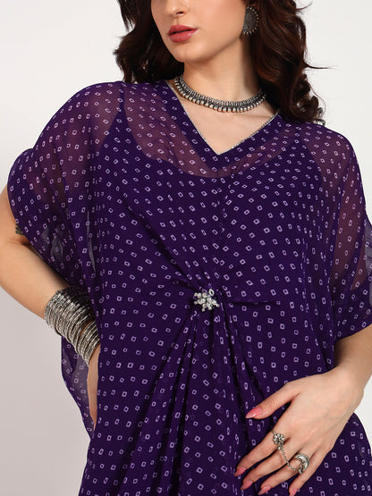 Purple Bandhani Georgette Drape Kaftan Set