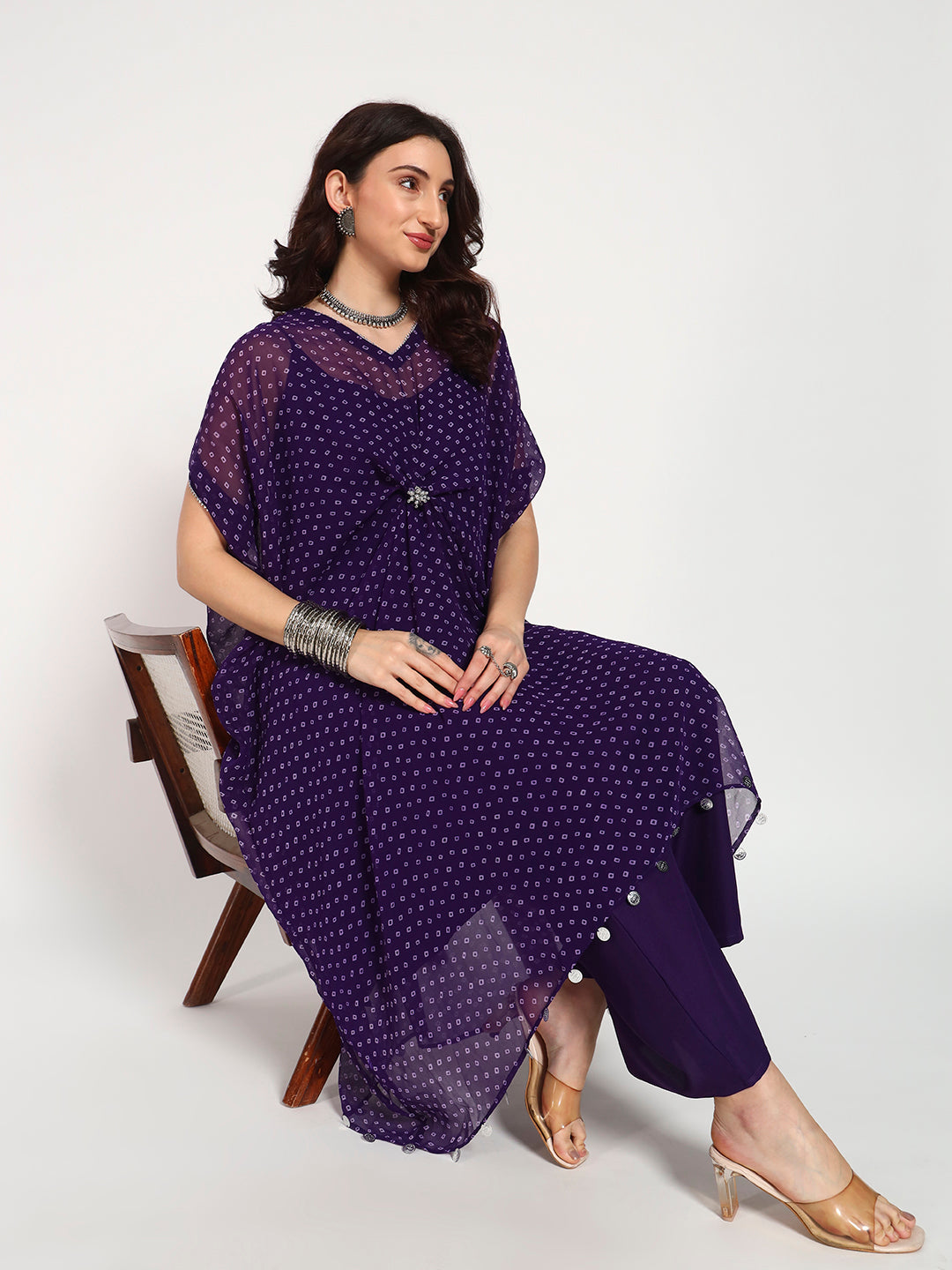 Purple Bandhani Georgette Drape Kaftan Set