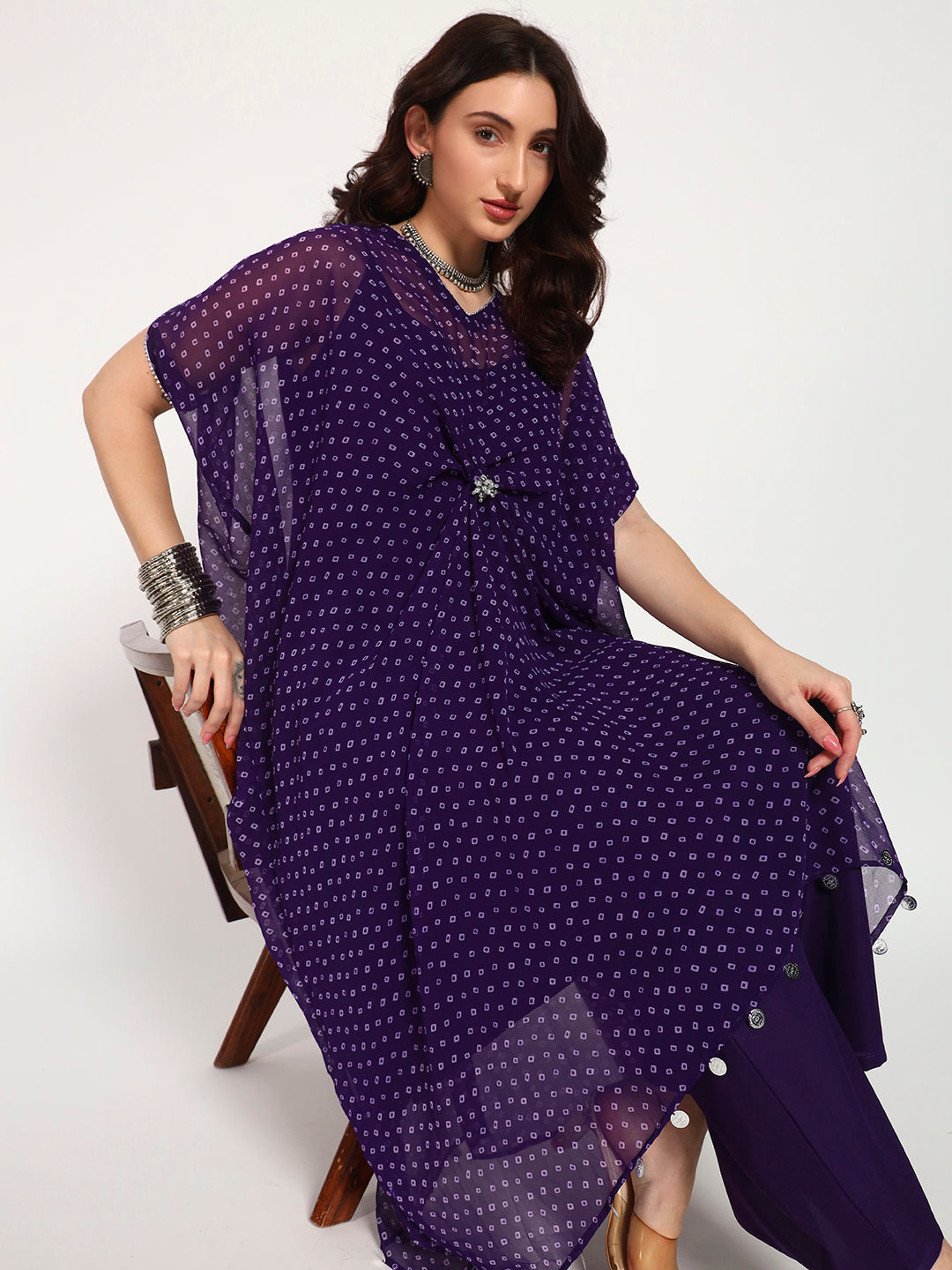 Purple Bandhani Georgette Drape Kaftan Set