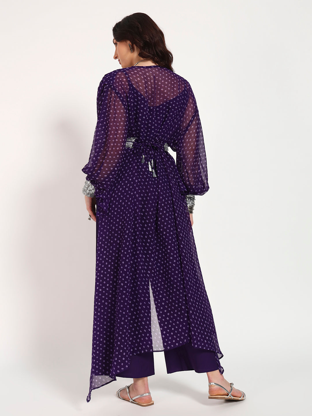 Purple Bandhani Georgette High-Low Top with Silver Lace Belt