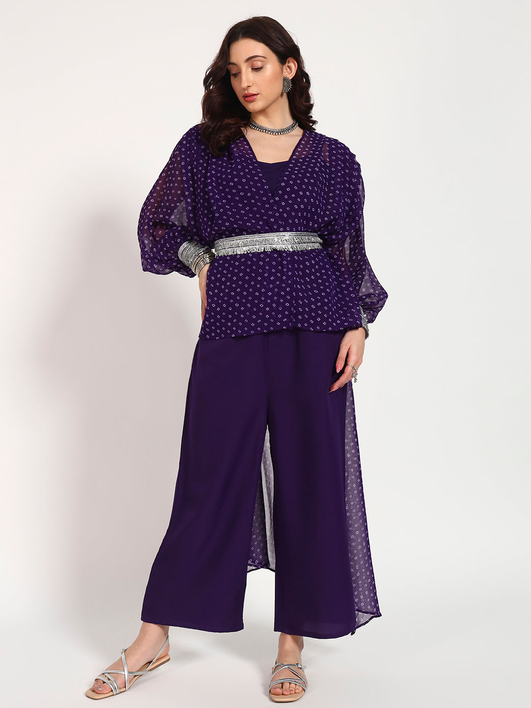Purple Bandhani Georgette High-Low Top with Silver Lace Belt
