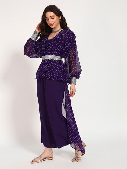 Purple Bandhani Georgette High-Low Top with Silver Lace Belt