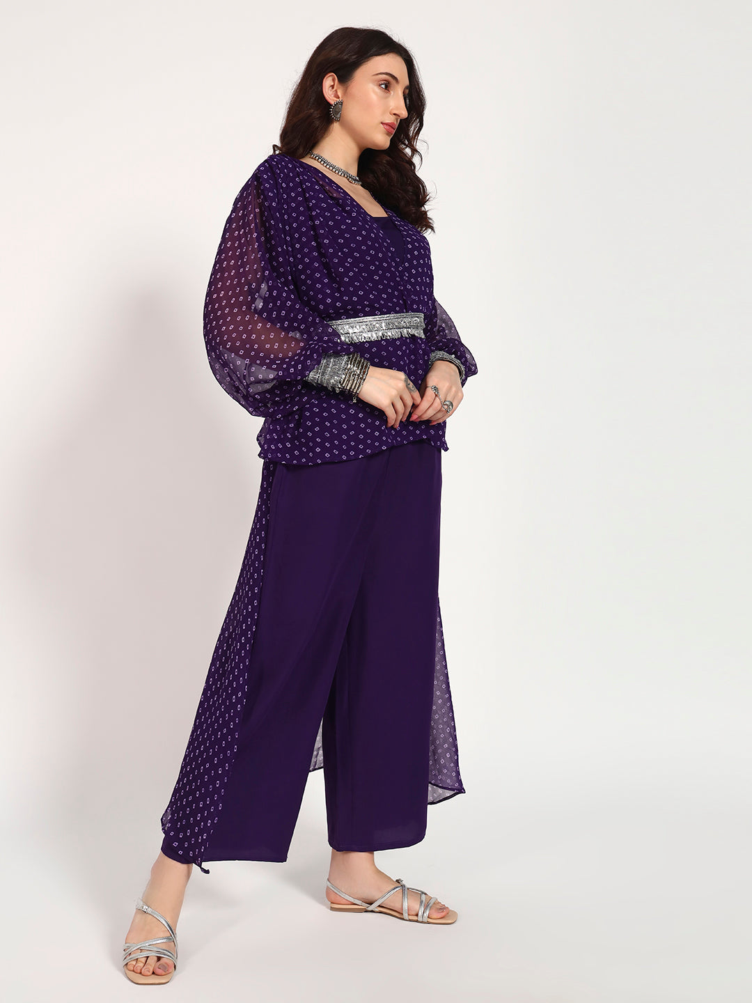Purple Bandhani Georgette High-Low Top with Silver Lace Belt