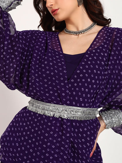Purple Bandhani Georgette High-Low Top with Silver Lace Belt