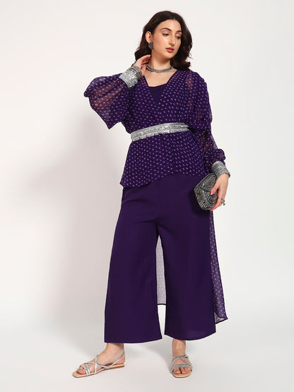 Purple Bandhani Georgette High-Low Top with Silver Lace Belt