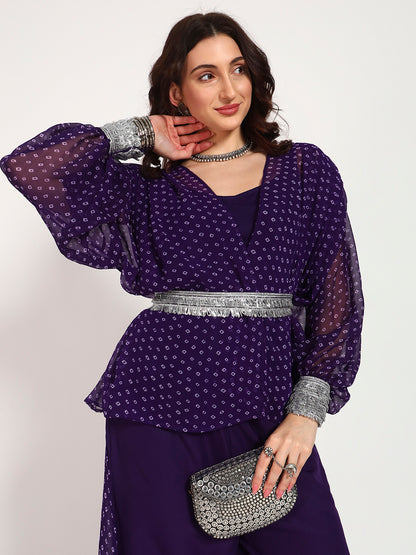 Purple Bandhani Georgette High-Low Top with Silver Lace Belt