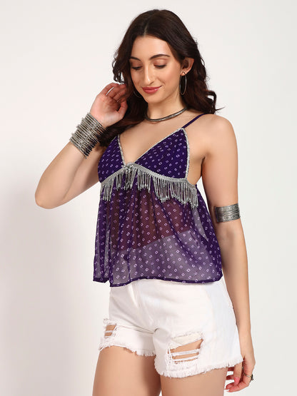Purple Bandhani Georgette Fringe Detail Cami Top