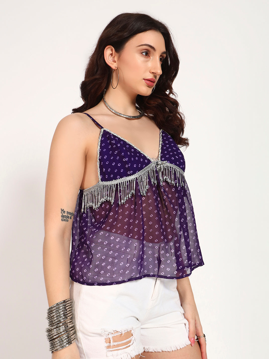 Purple Bandhani Georgette Fringe Detail Cami Top