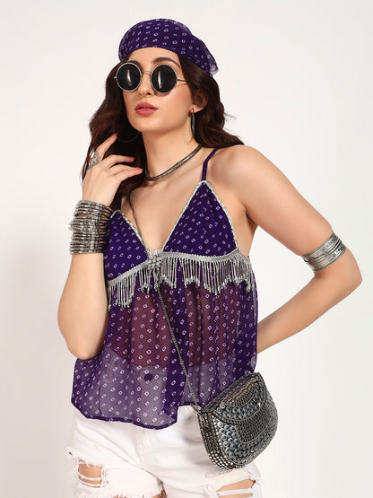 Purple Bandhani Georgette Fringe Detail Cami Top