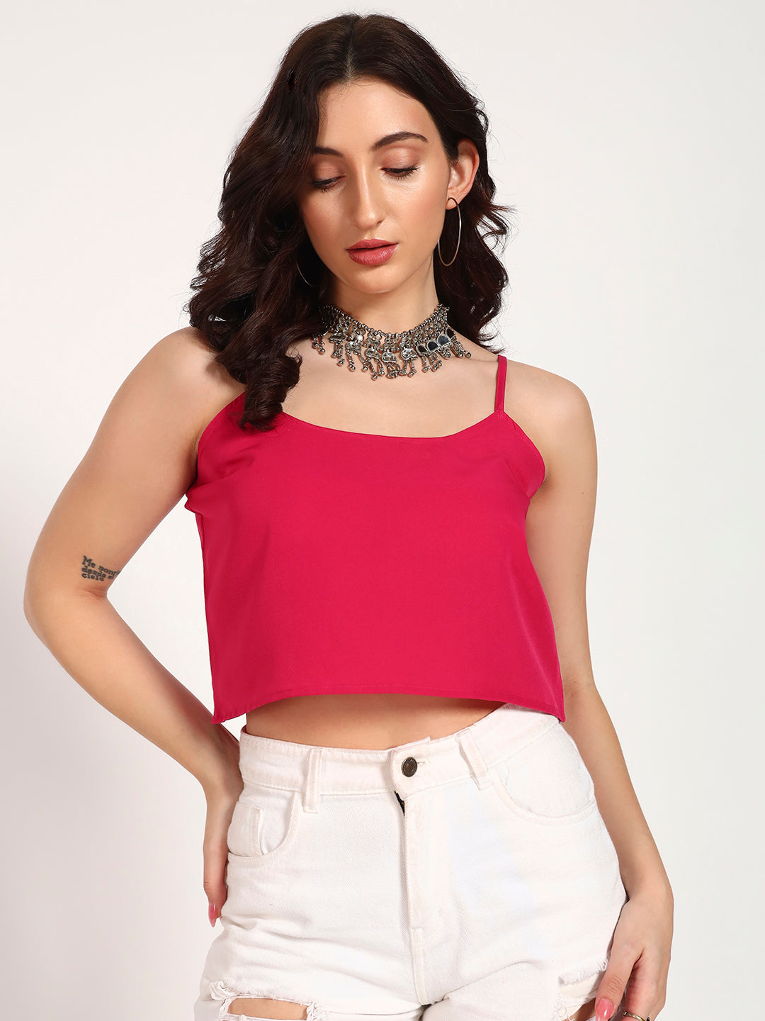 Fuschia Bandhani Georgette Ruffle Top with Gota Lace