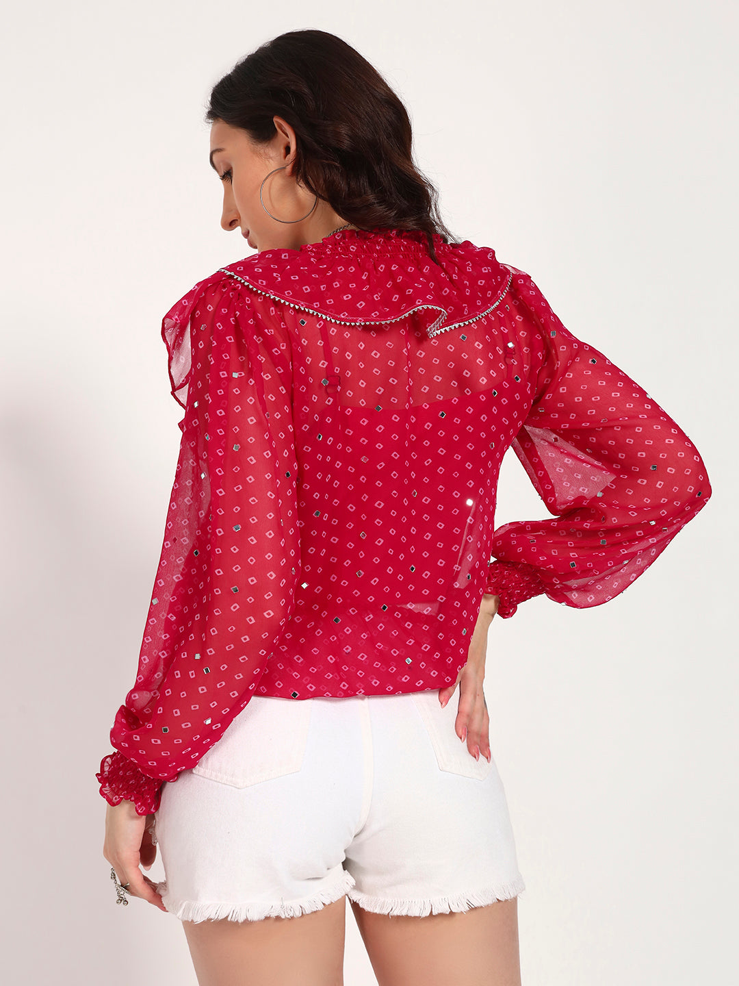 Fuschia Bandhani Georgette Ruffle Top with Gota Lace