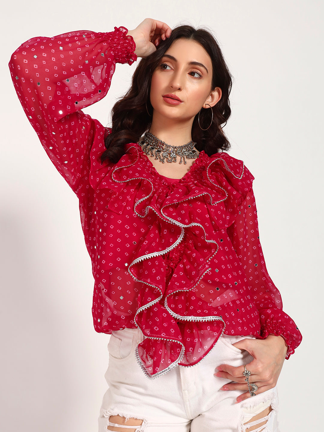 Fuschia Bandhani Georgette Ruffle Top with Gota Lace