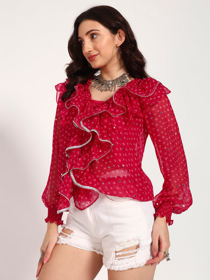 Fuschia Bandhani Georgette Ruffle Top with Gota Lace