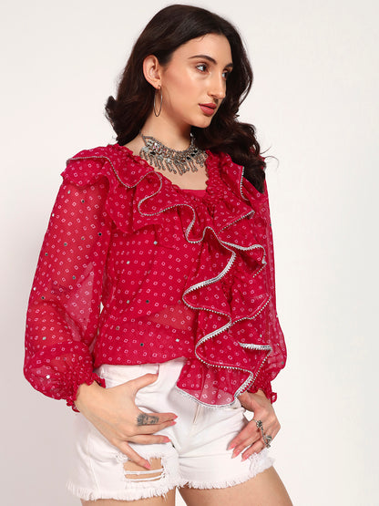 Fuschia Bandhani Georgette Ruffle Top with Gota Lace