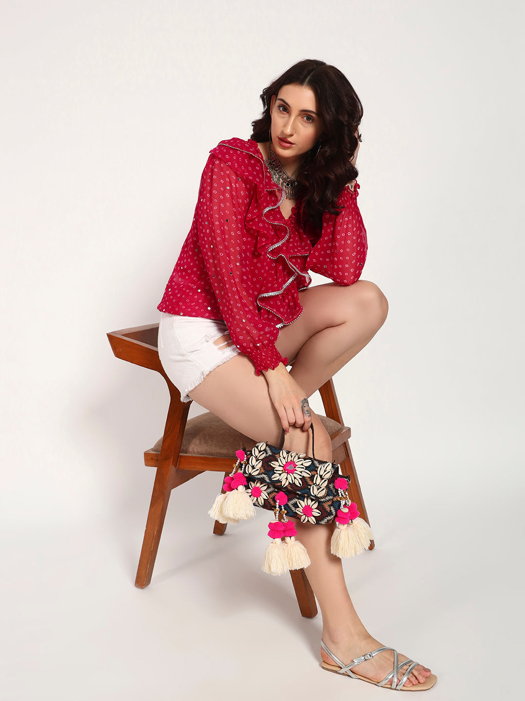 Fuschia Bandhani Georgette Ruffle Top with Gota Lace