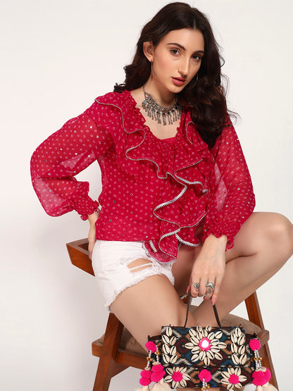 Fuschia Bandhani Georgette Ruffle Top with Gota Lace