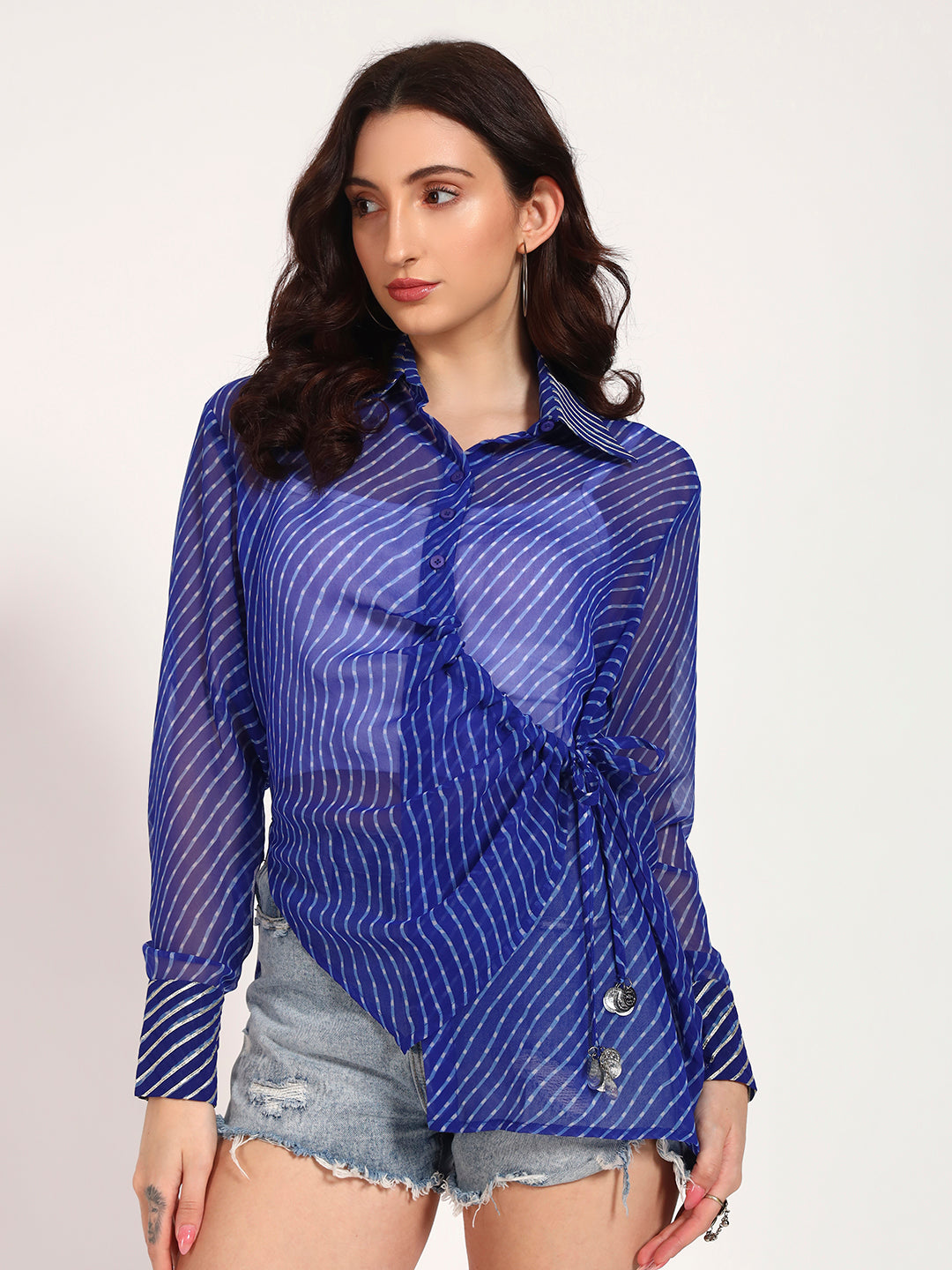 Royal Blue Lehariya Shirt with Silver Lace Embellished Crop Jacket (Set of 2)