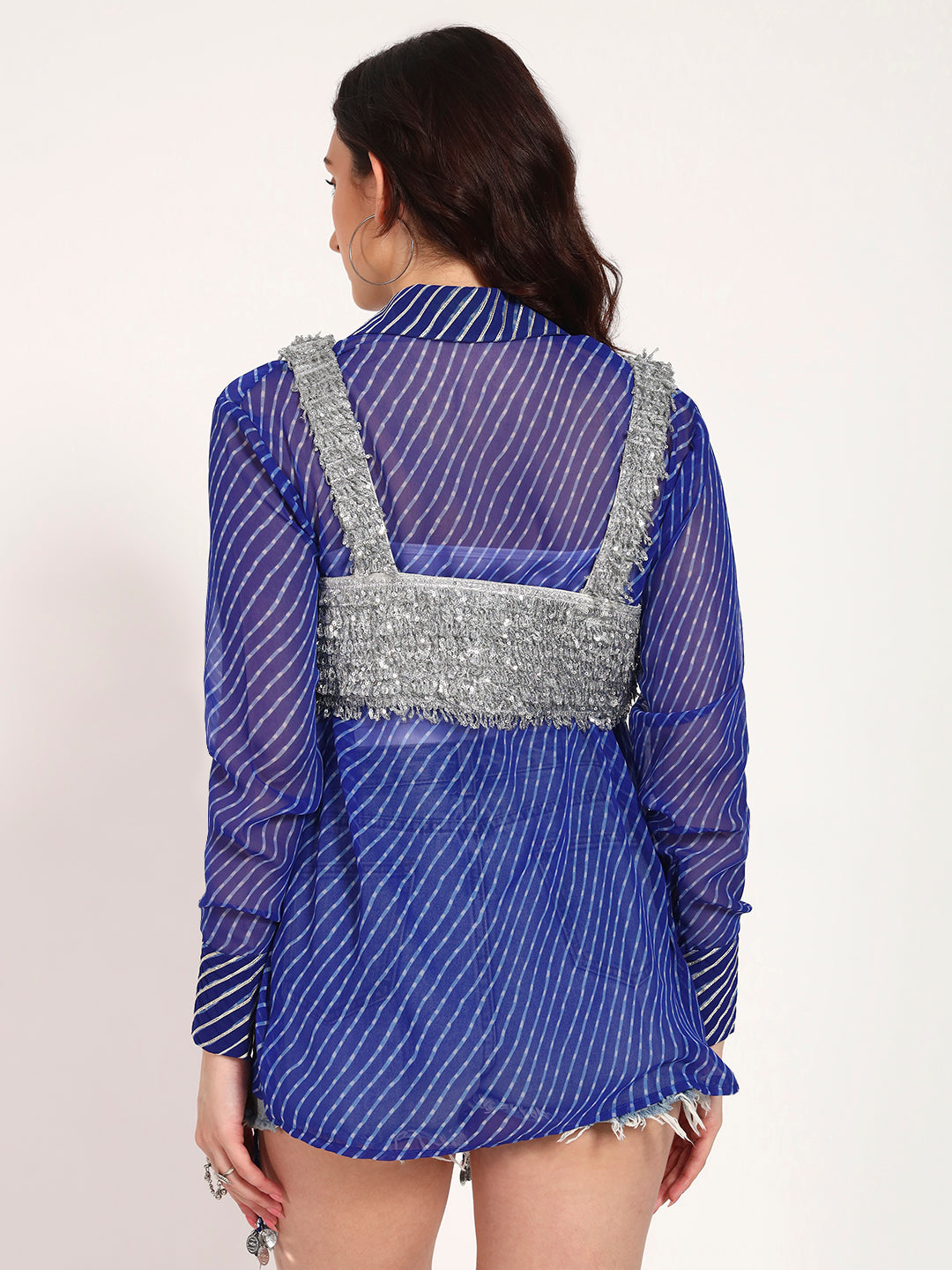 Royal Blue Lehariya Shirt with Silver Lace Embellished Crop Jacket (Set of 2)