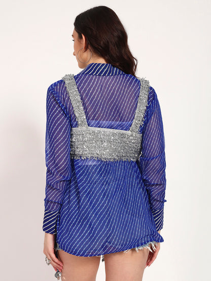Royal Blue Lehariya Shirt with Silver Lace Embellished Crop Jacket (Set of 2)
