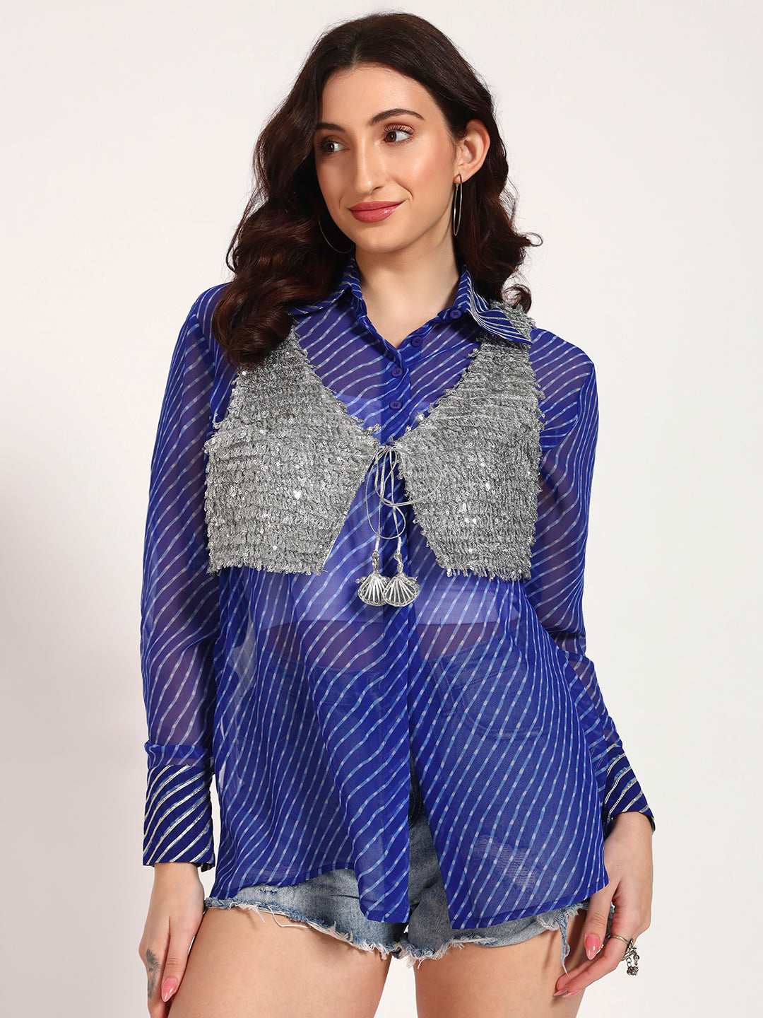 Royal Blue Lehariya Shirt with Silver Lace Embellished Crop Jacket (Set of 2)