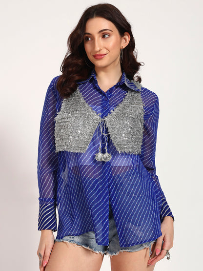 Royal Blue Lehariya Shirt with Silver Lace Embellished Crop Jacket (Set of 2)