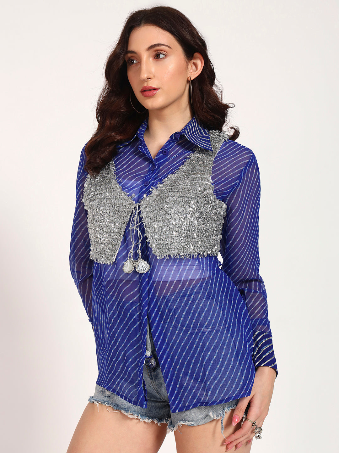 Royal Blue Lehariya Shirt with Silver Lace Embellished Crop Jacket (Set of 2)