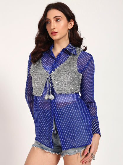 Royal Blue Lehariya Shirt with Silver Lace Embellished Crop Jacket (Set of 2)