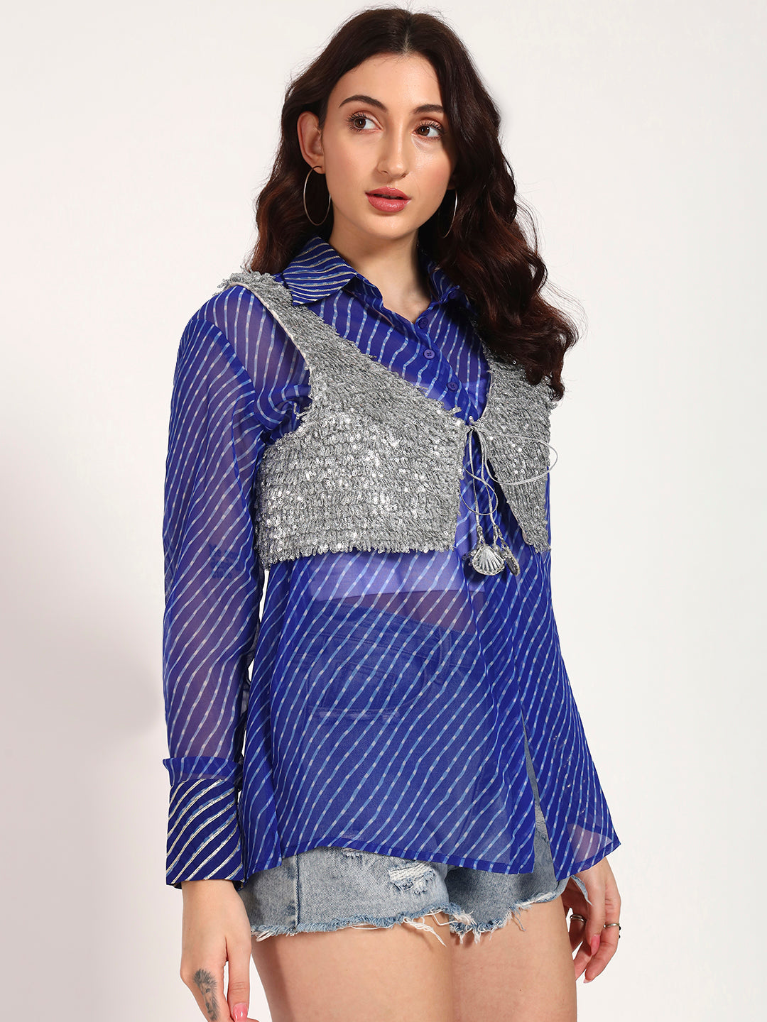 Royal Blue Lehariya Shirt with Silver Lace Embellished Crop Jacket (Set of 2)