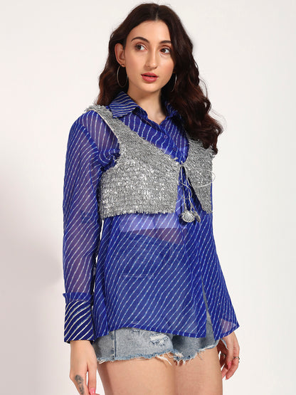 Royal Blue Lehariya Shirt with Silver Lace Embellished Crop Jacket (Set of 2)