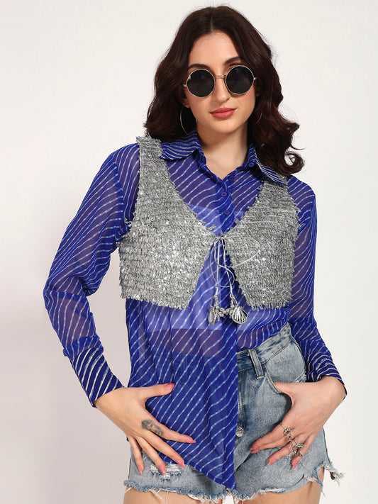 Royal Blue Lehariya Shirt with Silver Lace Embellished Crop Jacket (Set of 2)