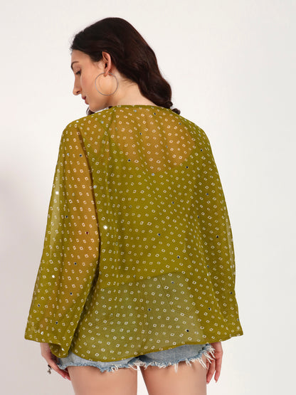 Olive Green Bandhani Print Top with Mirror Work Tassel Detail