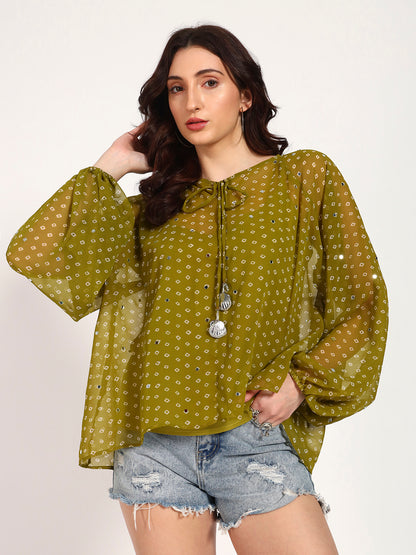 Olive Green Bandhani Print Top with Mirror Work Tassel Detail