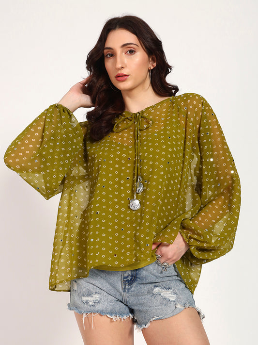 Olive Green Bandhani Print Top with Mirror Work Tassel Detail