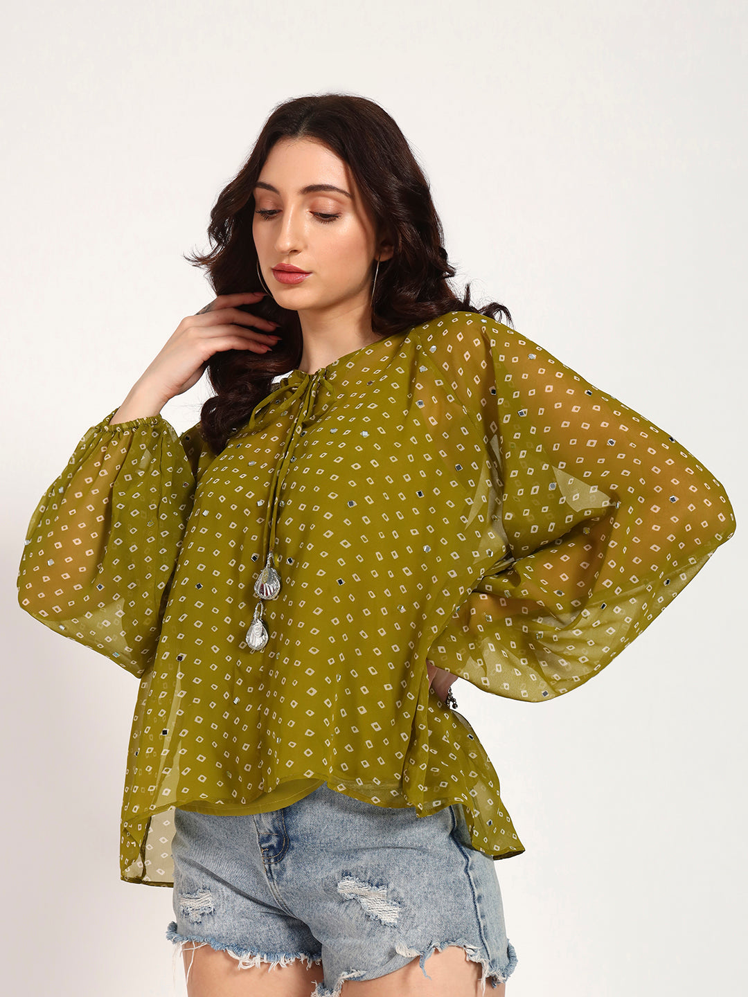 Olive Green Bandhani Print Top with Mirror Work Tassel Detail