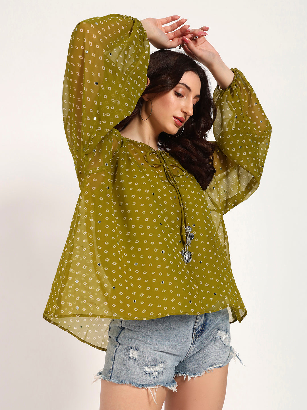 Olive Green Bandhani Print Top with Mirror Work Tassel Detail