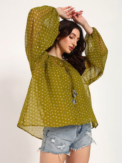 Olive Green Bandhani Print Top with Mirror Work Tassel Detail