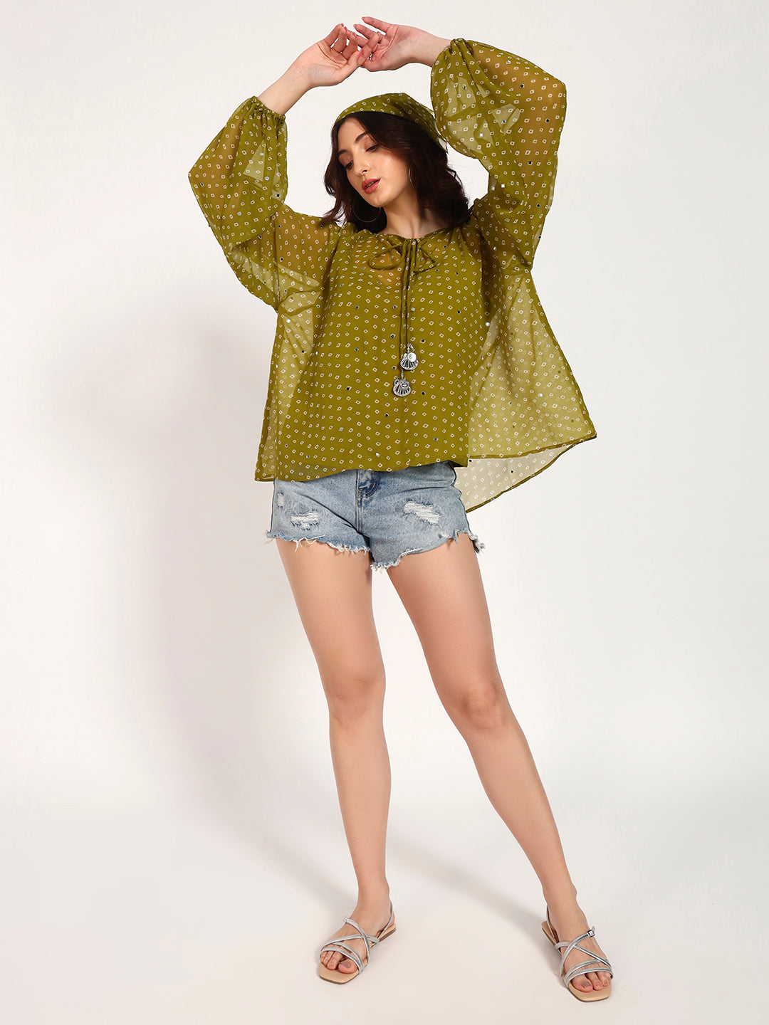 Olive Green Bandhani Print Top with Mirror Work Tassel Detail