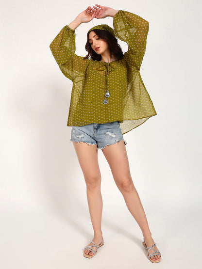Olive Green Bandhani Print Top with Mirror Work Tassel Detail