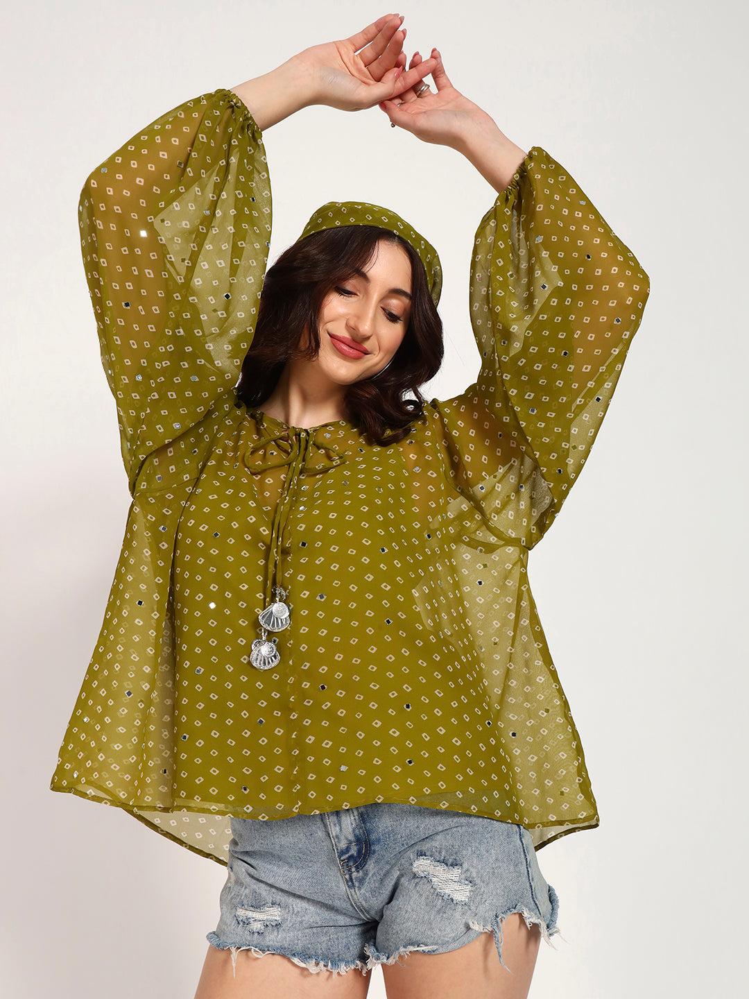 Olive Green Bandhani Print Top with Mirror Work Tassel Detail