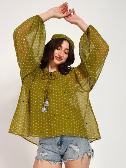 Olive Green Bandhani Print Top with Mirror Work Tassel Detail