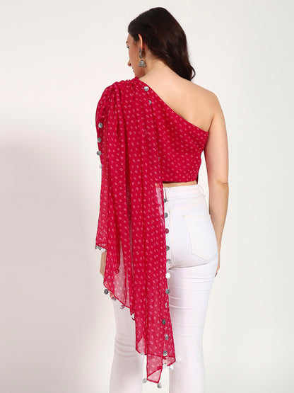 Pink Bandhani Print Asymmetrical Drape Top with Coin Charm Detail