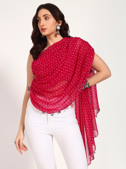 Pink Bandhani Print Asymmetrical Drape Top with Coin Charm Detail