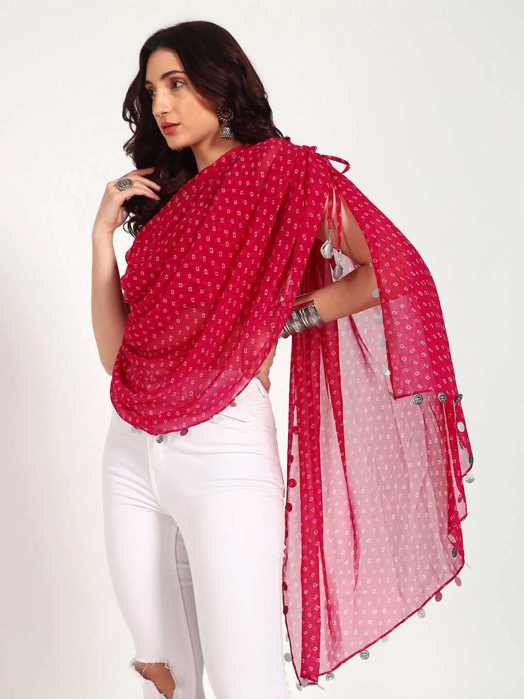 Pink Bandhani Print Asymmetrical Drape Top with Coin Charm Detail