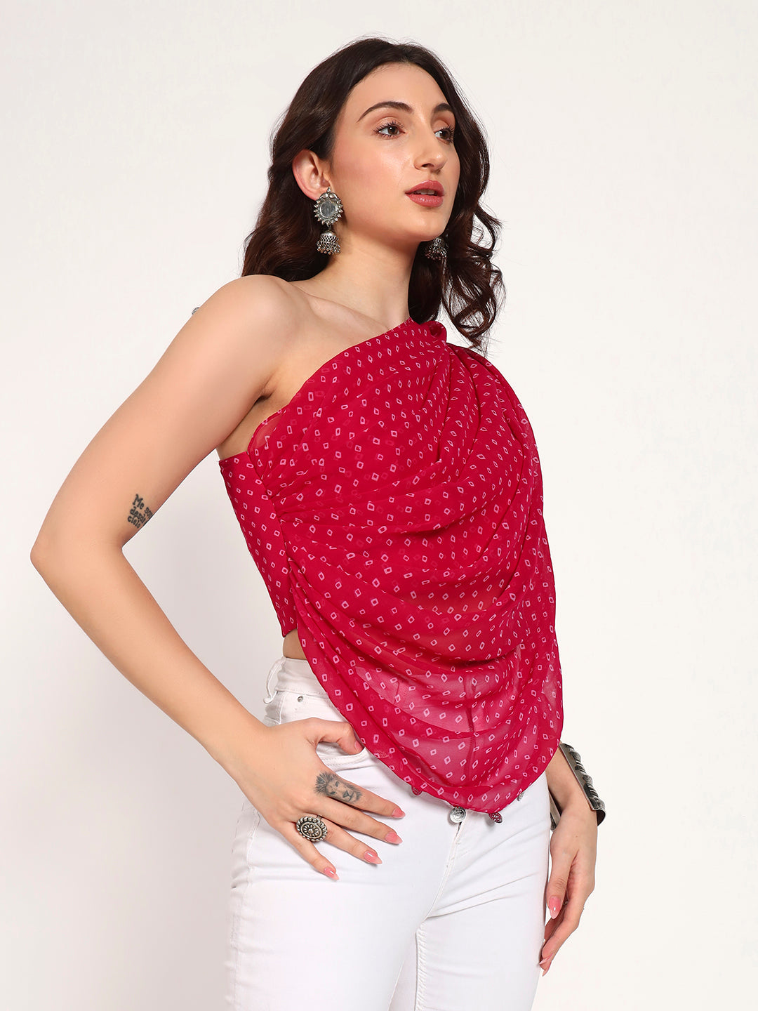 Pink Bandhani Print Asymmetrical Drape Top with Coin Charm Detail