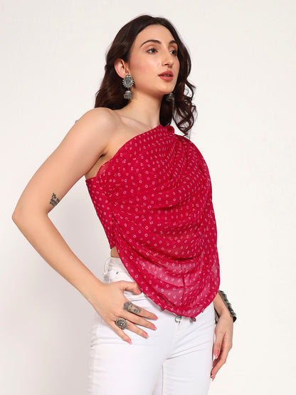 Pink Bandhani Print Asymmetrical Drape Top with Coin Charm Detail