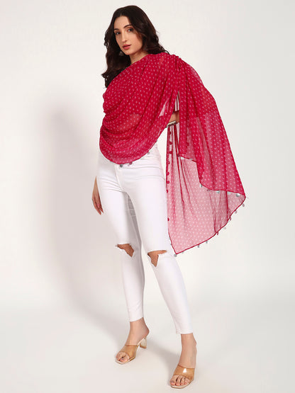 Pink Bandhani Print Asymmetrical Drape Top with Coin Charm Detail