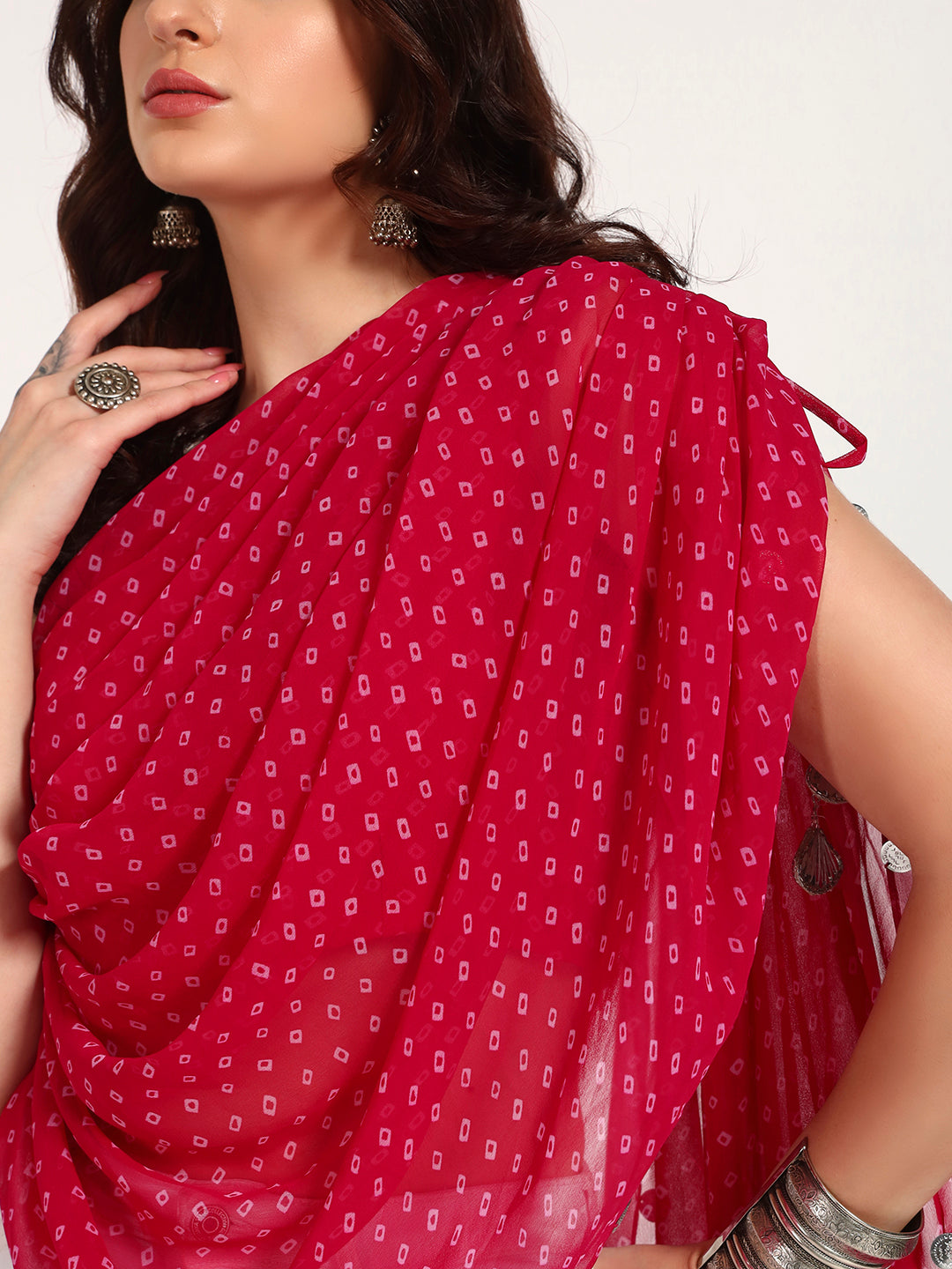 Pink Bandhani Print Asymmetrical Drape Top with Coin Charm Detail