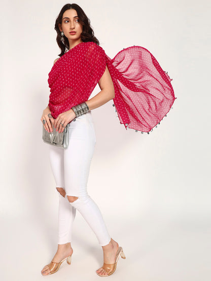 Pink Bandhani Print Asymmetrical Drape Top with Coin Charm Detail