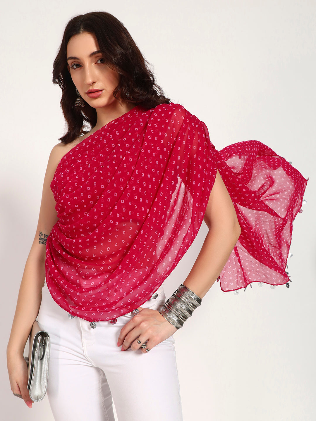 Pink Bandhani Print Asymmetrical Drape Top with Coin Charm Detail